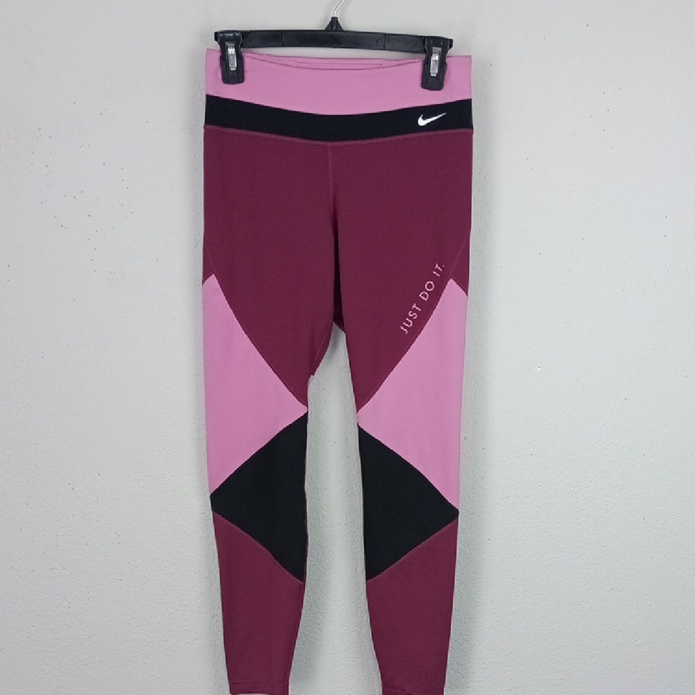 Nike Womens One Dri - Fit Geometric Pink Wine Black Colorblock Leggings sz M - Picture 2 of 11